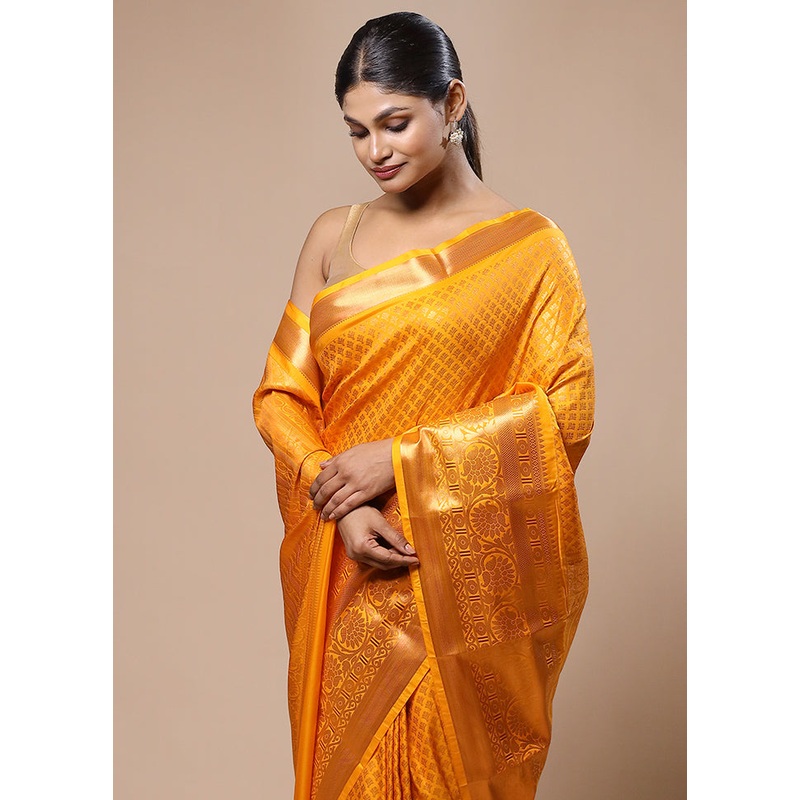 Yellow Kanjivaram Silk Saree With Blouse Piece - JD986603147