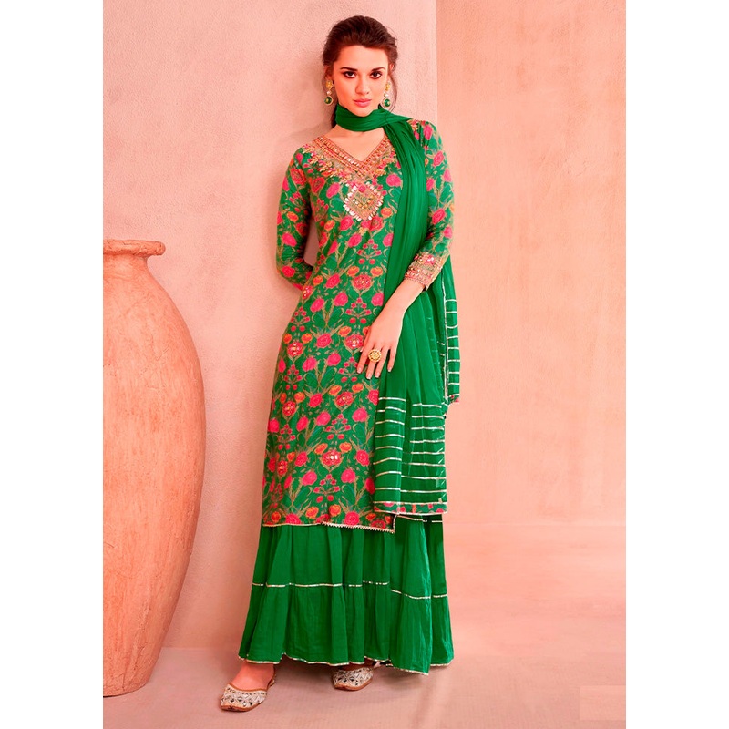 2 Pc Green Semi Stitched Silk Suit Set - JD986602912