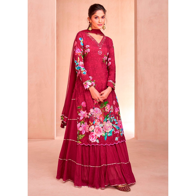 2 Pc Wine Semi Stitched Silk Suit Set - JD986602910