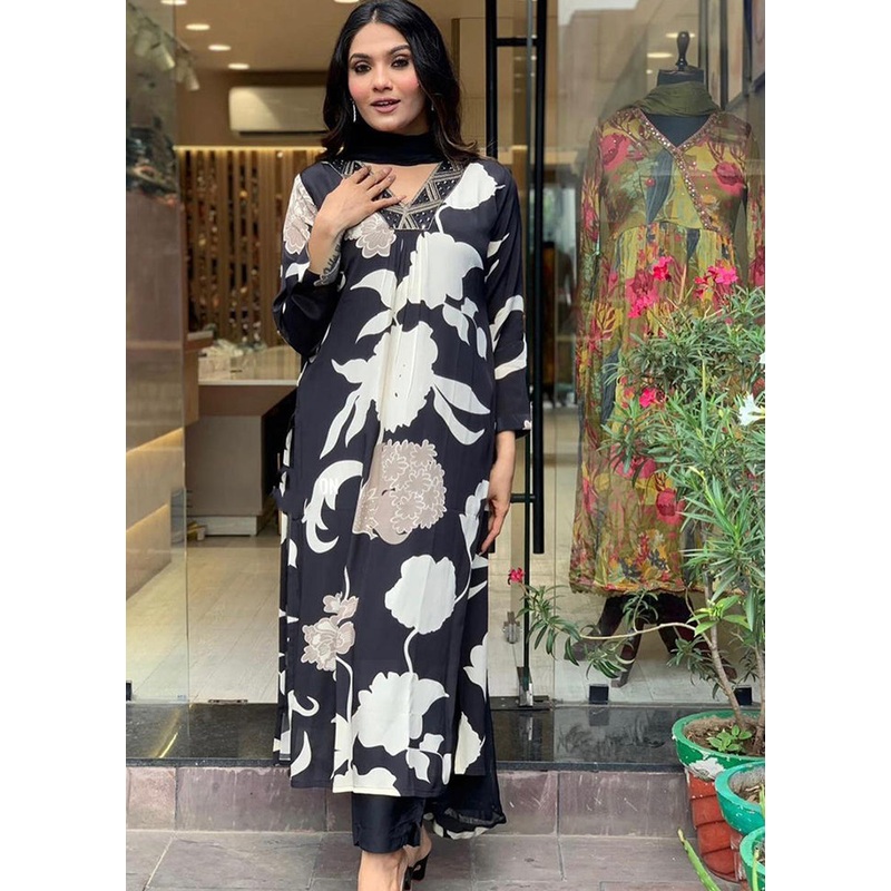 3 Pc Black Readymade Cotton Suit Set - JD986602996