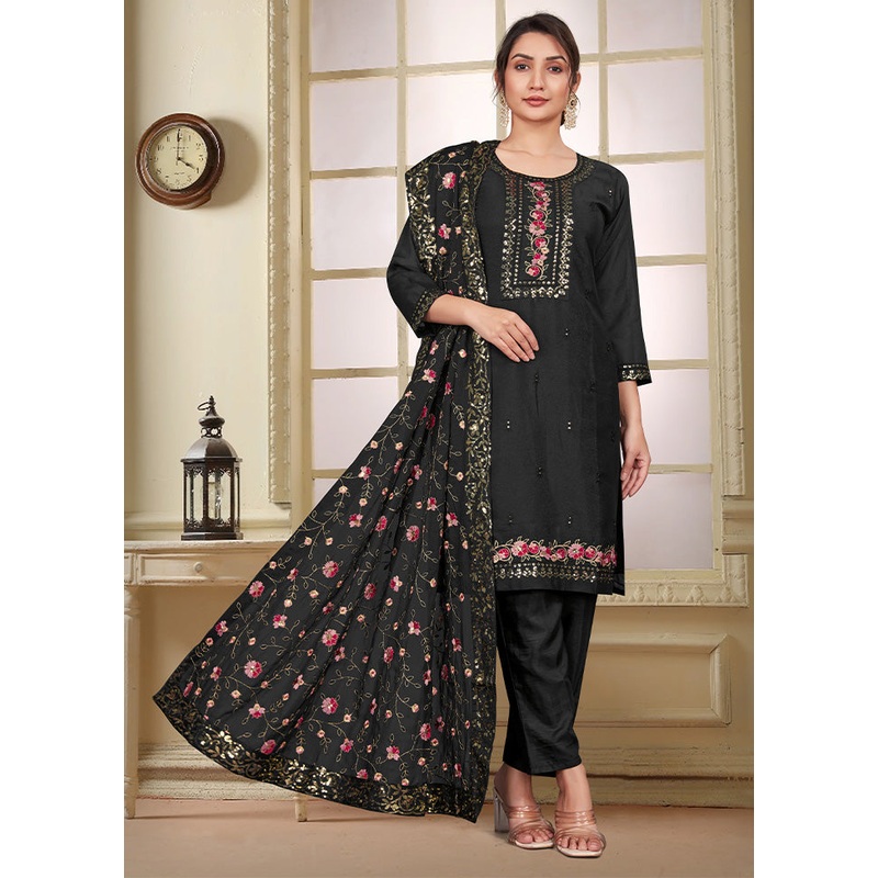 3 Pc Black Readymade Georgette Suit Set - JD986602994