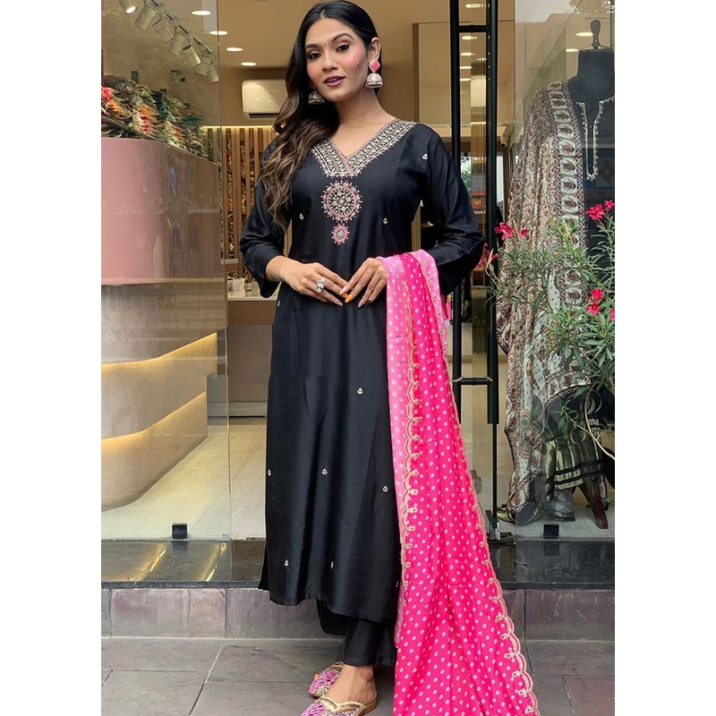 3 Pc Black Readymade Silk Suit Set - JD986602993