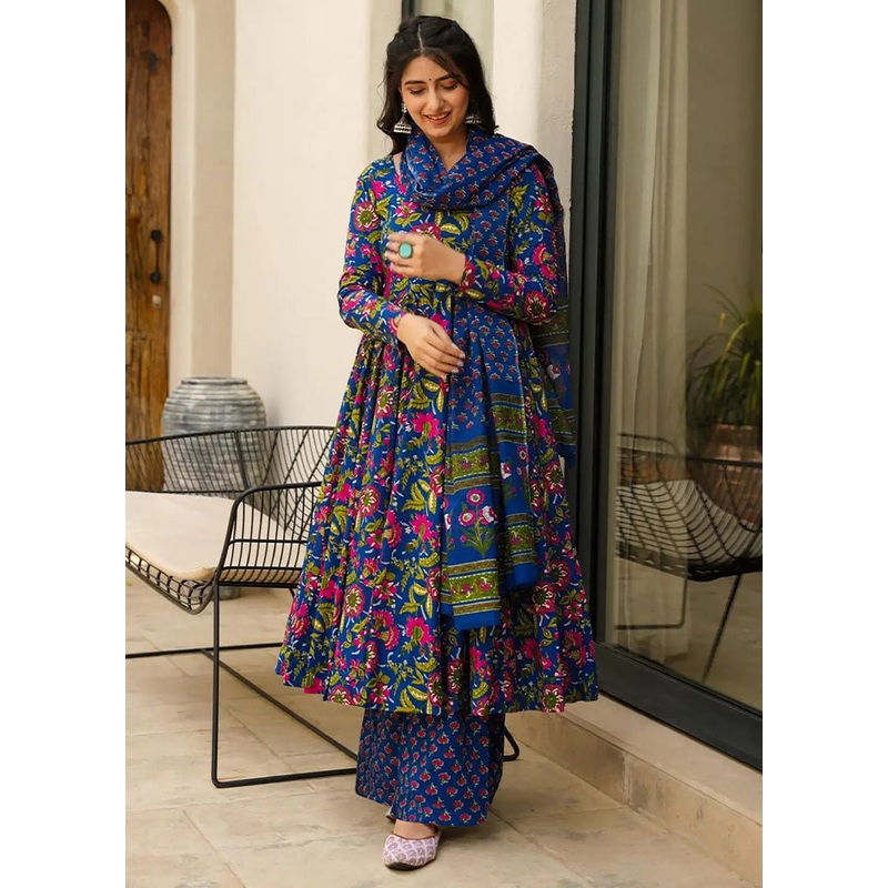 3 Pc Blue Readymade Silk Suit Set - JD986602990