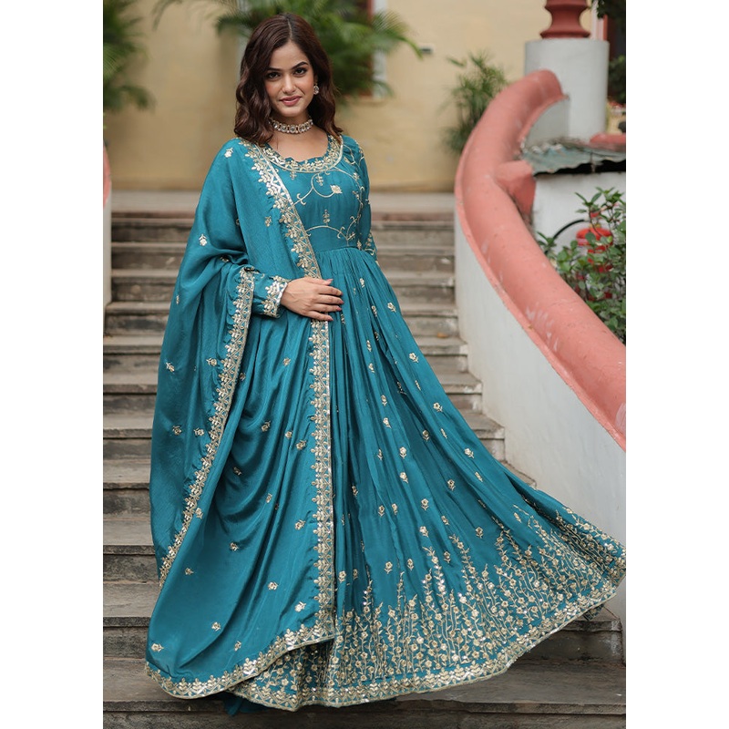 3 Pc Blue Readymade Silk Suit Set - JD986602991