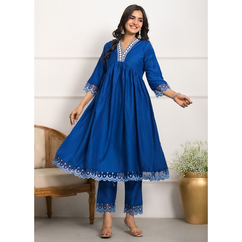 3 Pc Blue Readymade Silk Suit Set - JD986602992