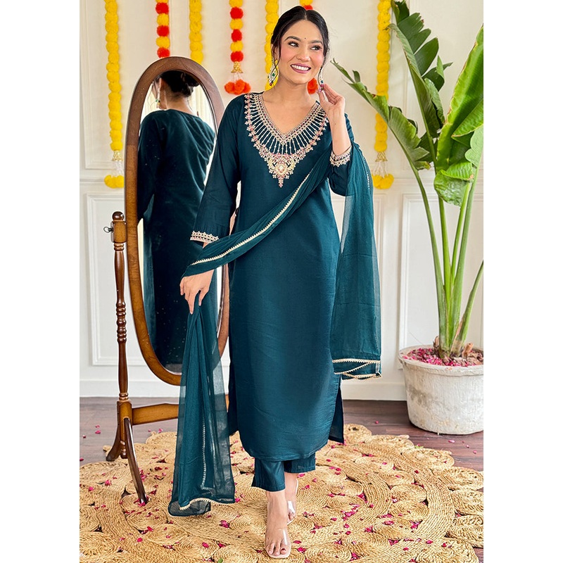 3 Pc Blue Readymade Viscose Suit Set - JD986602988