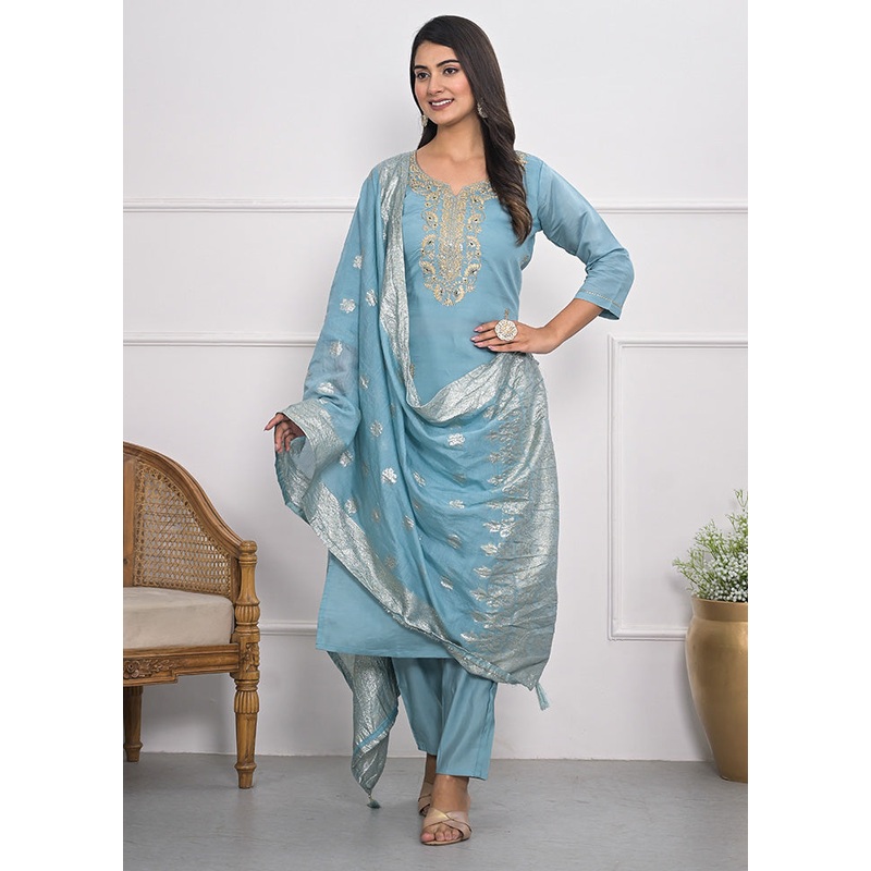 3 Pc Blue Readymade Viscose Suit Set - JD986602989