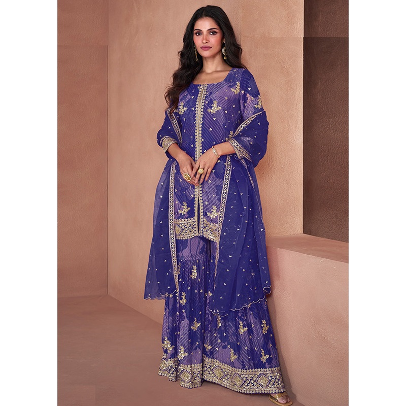 3 Pc Blue Semi Stitched Georgette Suit Set - JD986602907
