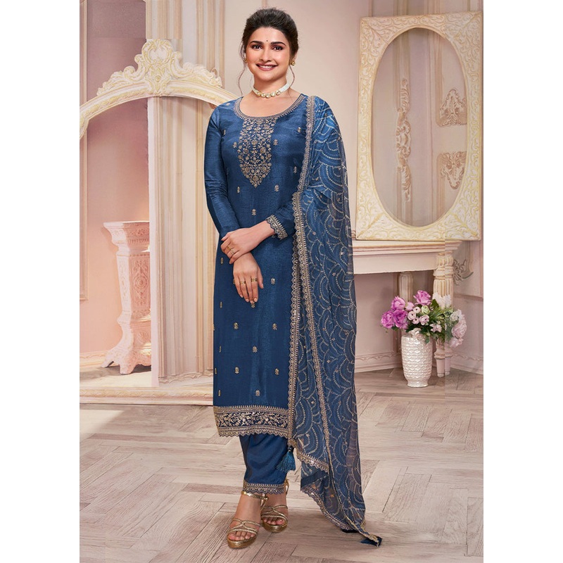 3 Pc Blue Semi Stitched Georgette Suit Set - JD986602908