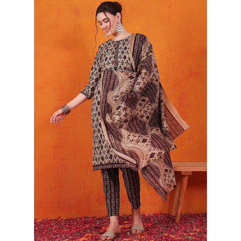 3 Pc Brown Readymade Cotton Suit Set - JD986602987