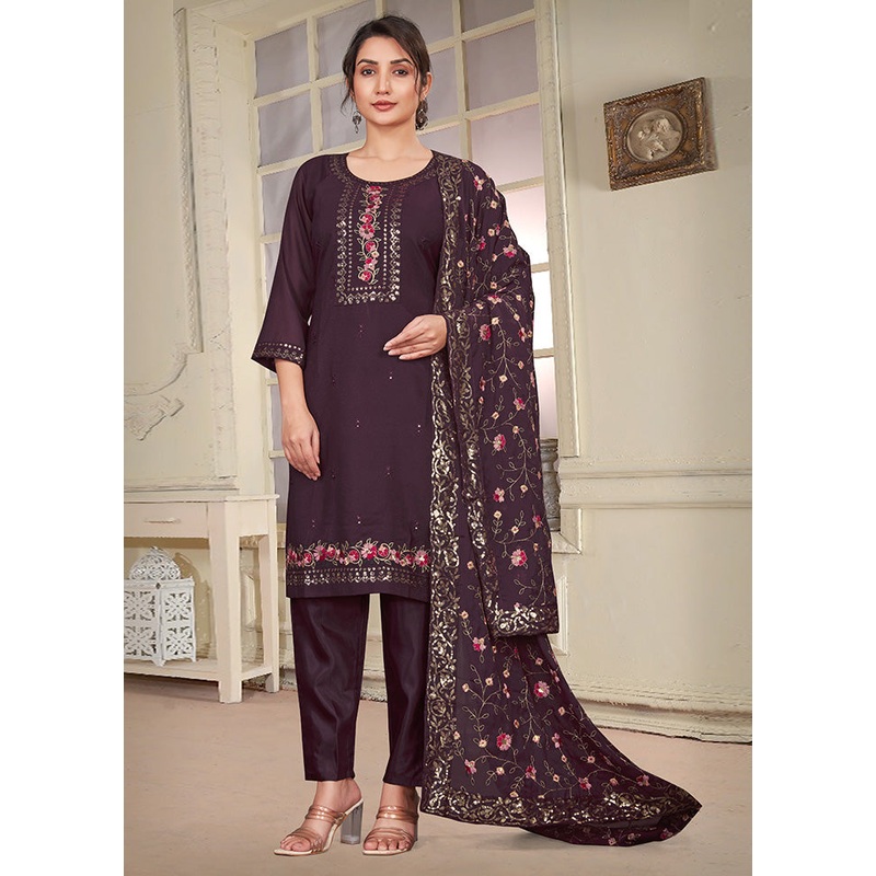 3 Pc Brown Readymade Georgette Suit Set - JD986602986