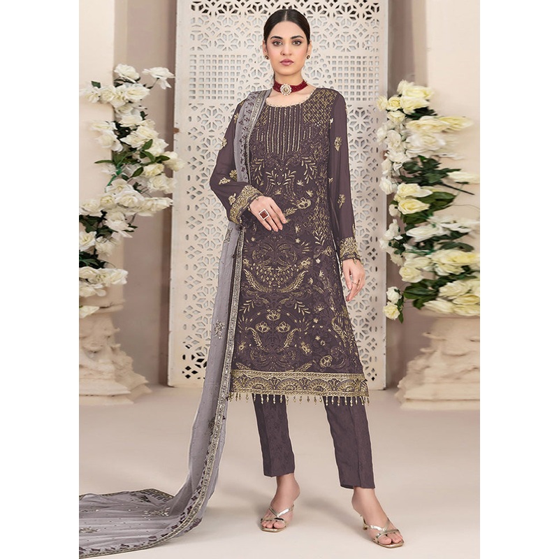 3 Pc Brown Semi Stitched Georgette Suit Set - JD986602906