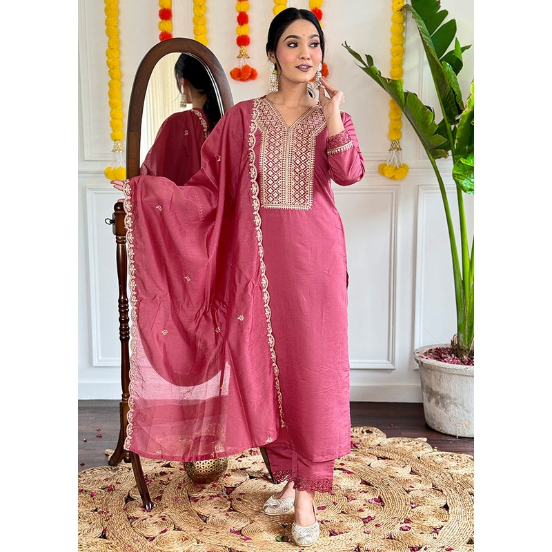 3 Pc Burgundy Readymade Viscose Suit Set - JD986602985
