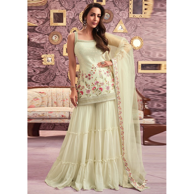 3 Pc Cream Semi Stitched Georgette Suit Set - JD986602904