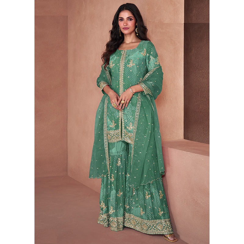 3 Pc Green Semi Stitched Georgette Suit Set - JD986602901