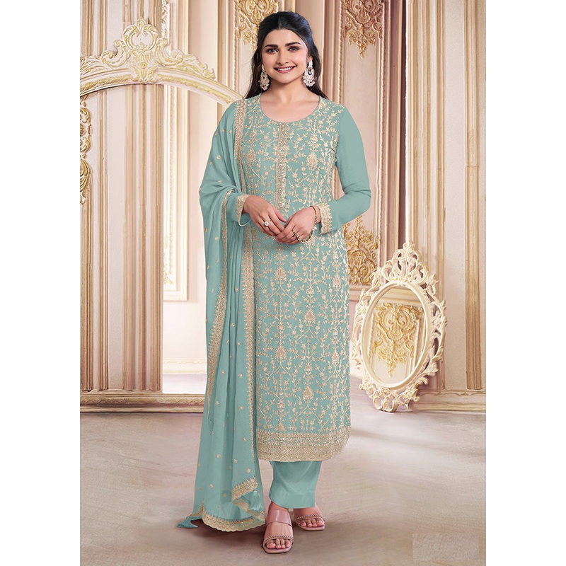 3 Pc Green Semi Stitched Georgette Suit Set - JD986602903