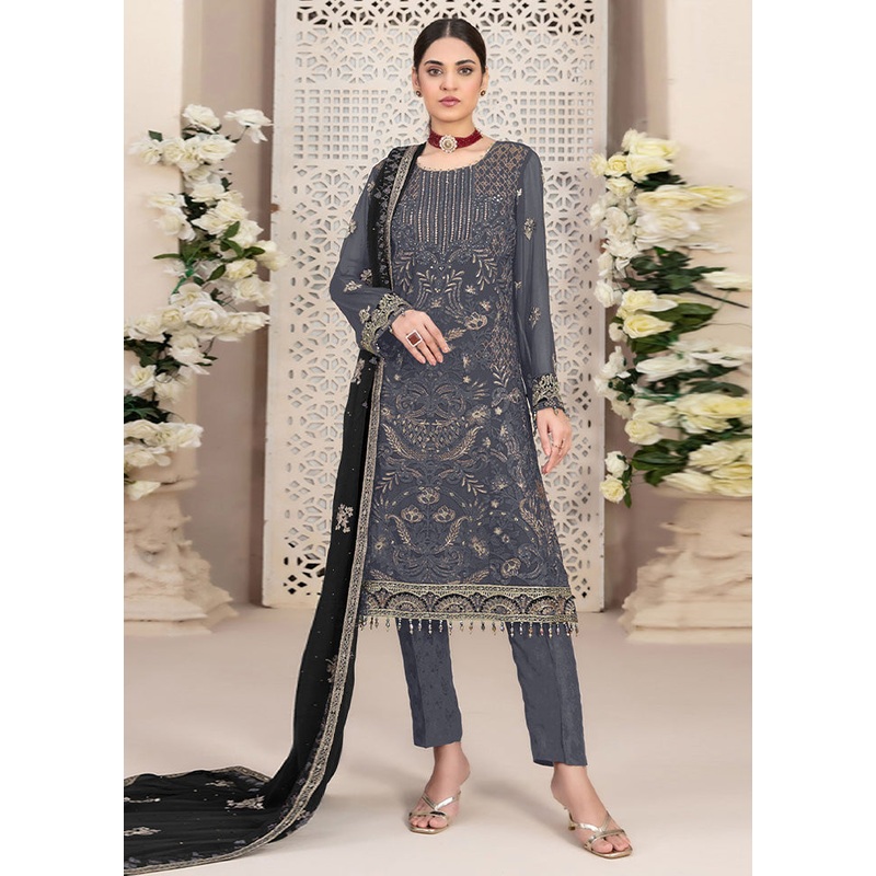 3 Pc Grey Semi Stitched Georgette Suit Set - JD986602900