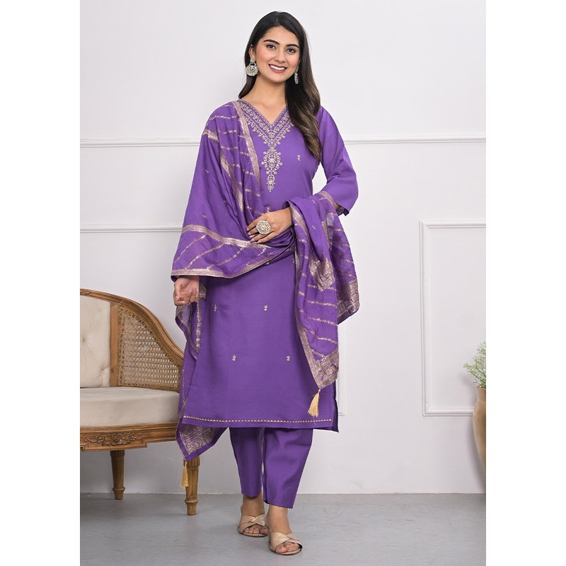 3 Pc Lavender Readymade Viscose Suit Set - JD986602978