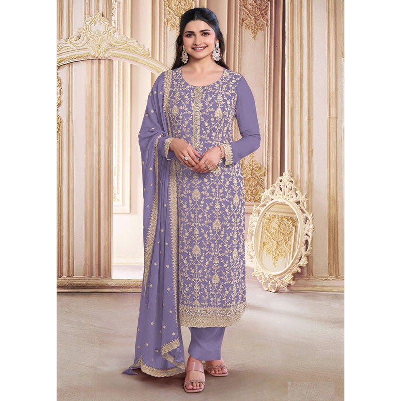 3 Pc Lavender Semi Stitched Georgette Suit Set - JD986602899