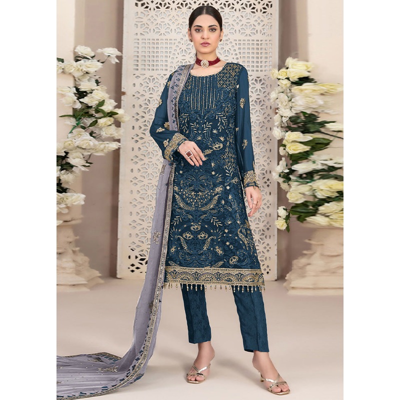 3 Pc Teal Semi Stitched Georgette Suit Set - JD986602887