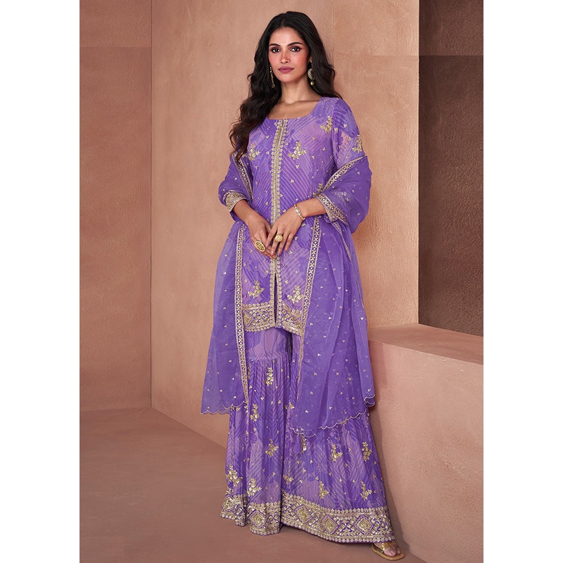 3 Pc Voilet Semi Stitched Georgette Suit Set - JD986602885