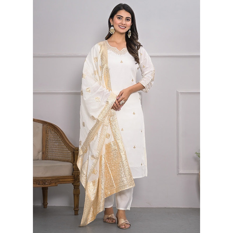 3 Pc White Readymade Viscose Suit Set - JD986602929