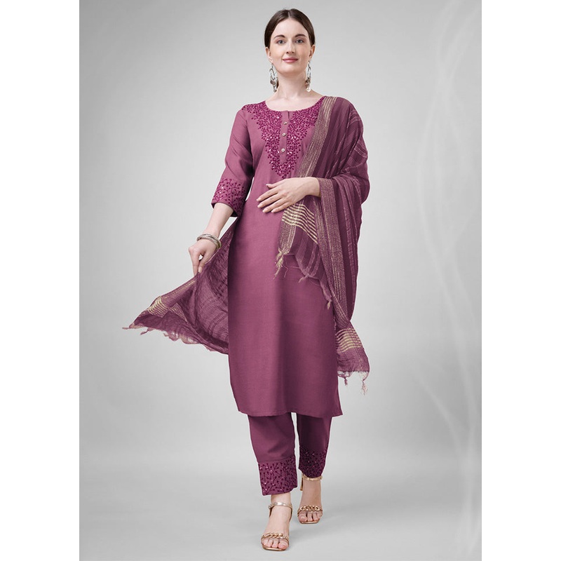 3 Pc Wine Readymade Cotton Suit Set - JD986602924
