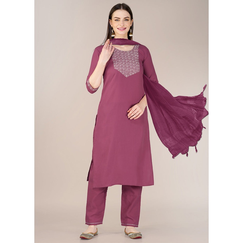 3 Pc Wine Readymade Cotton Suit Set - JD986602925