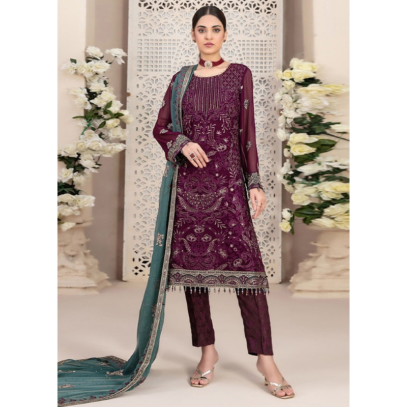 3 Pc Wine Semi Stitched Georgette Suit Set - JD986602884