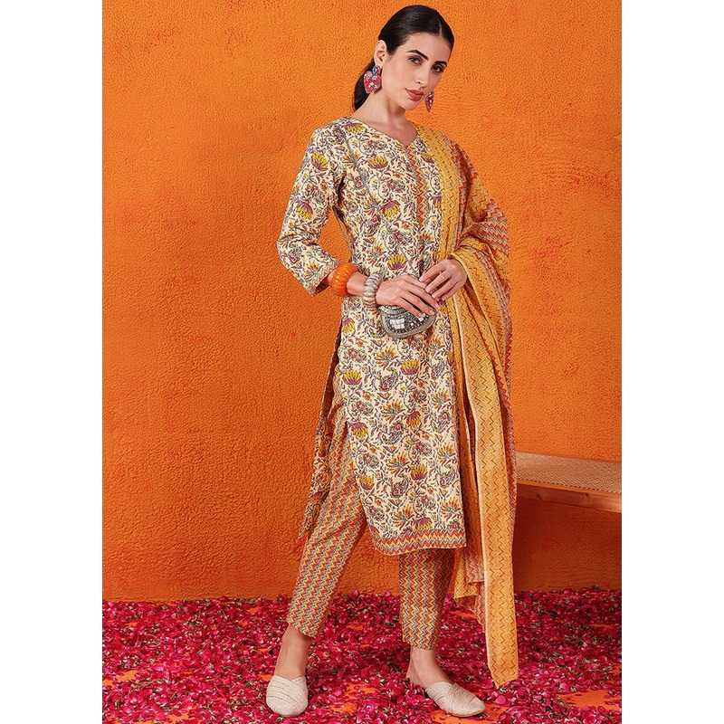 3 Pc Yellow Readymade Cotton Suit Set - JD986602922