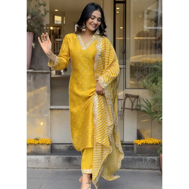 3 Pc Yellow Readymade Silk Suit Set - JD986602921