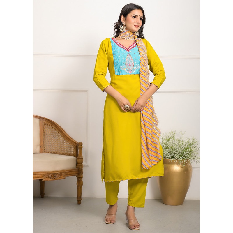 3 Pc Yellow Readymade Viscose Suit Set - JD986602919
