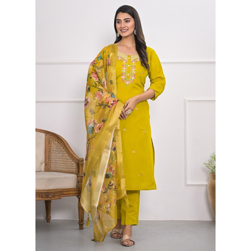 3 Pc Yellow Readymade Viscose Suit Set - JD986602920