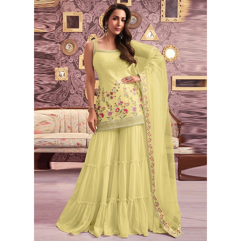 3 Pc Yellow Semi Stitched Georgette Suit Set - JD986602883