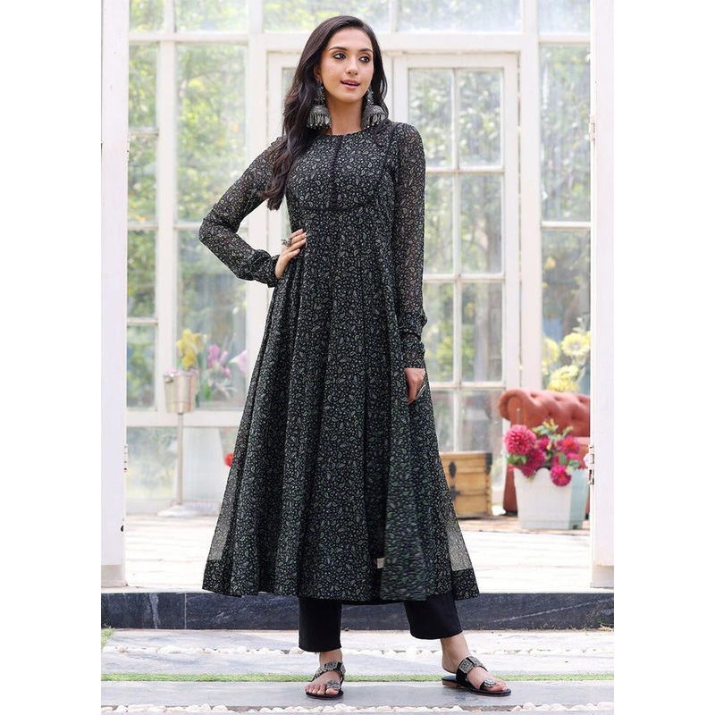 Black Readymade Georgette Long Kurti - JD986602916
