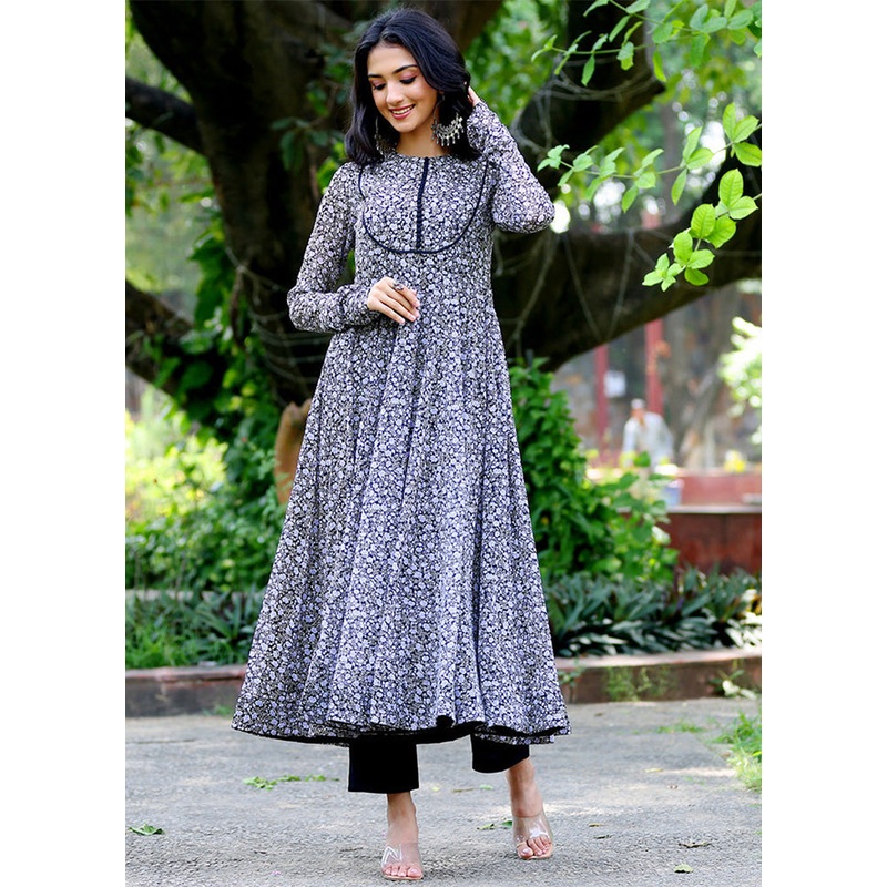 Black Readymade Georgette Long Kurti - JD986602917