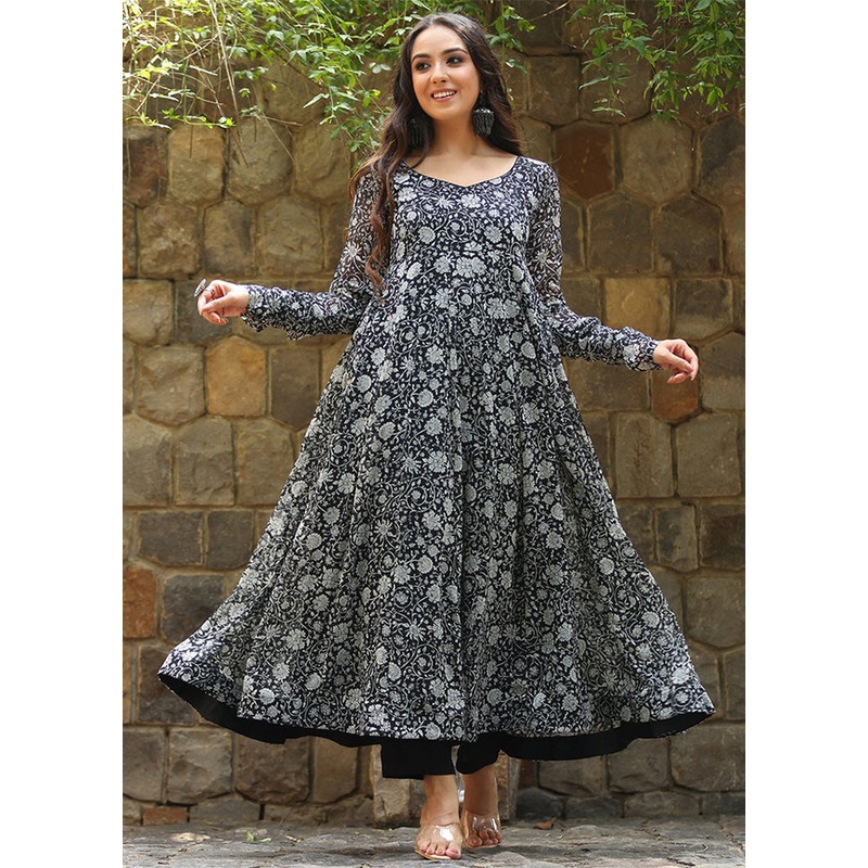 Black Readymade Georgette Long Kurti - JD986602918