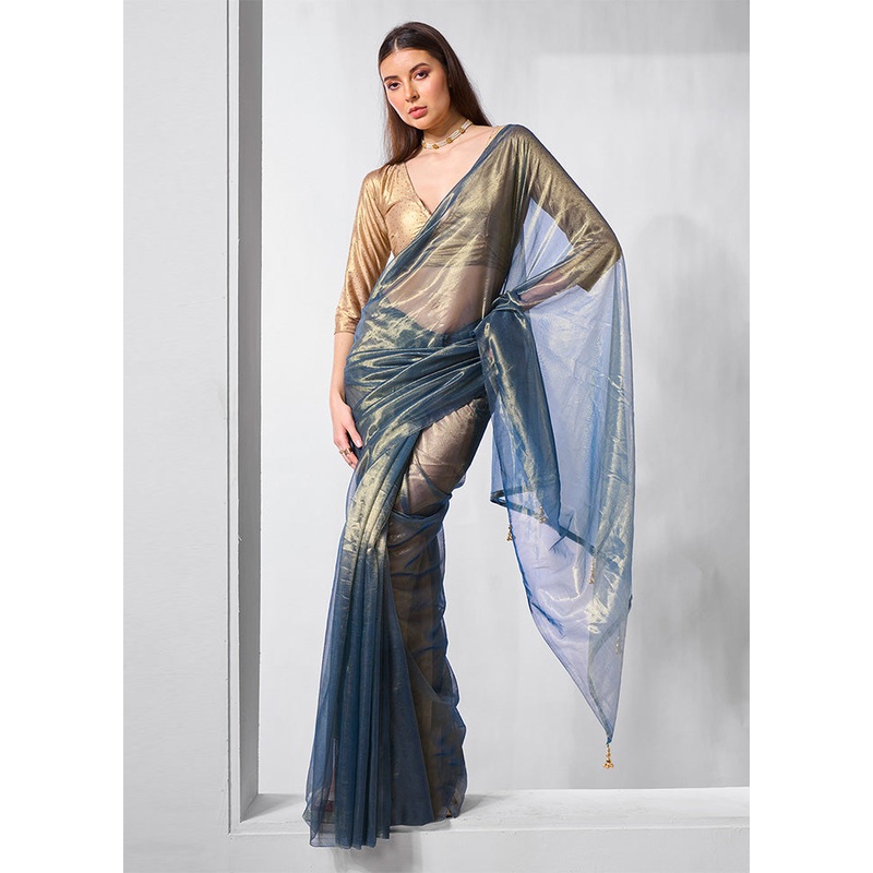 Blue Net Saree With Blouse Piece - JD986602881