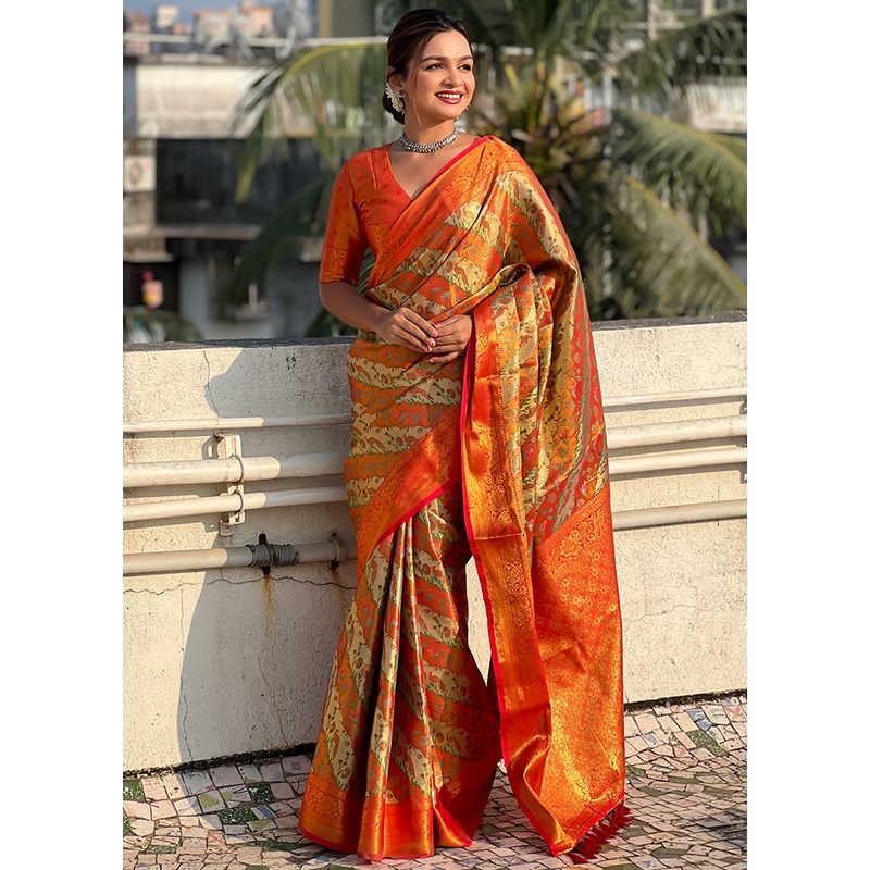 Orange Dupion Silk Saree With Blouse Piece - JD986603032