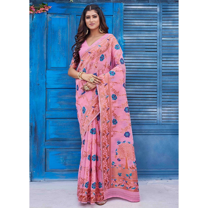 Pink Linen Silk Saree With Blouse Piece - JD986603080