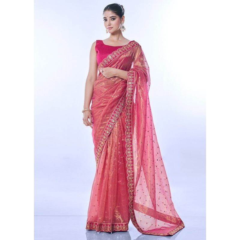 Pink Net Saree With Blouse Piece - JD986603078