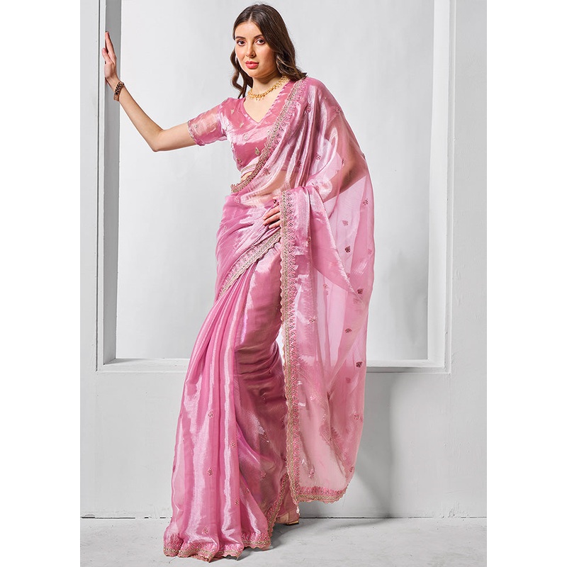 Pink Spun Silk Saree With Blouse Piece - JD986603062