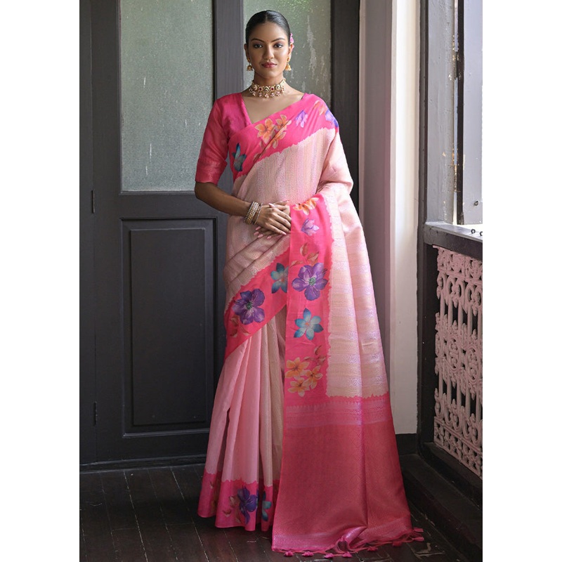 Pink Spun Silk Saree With Blouse Piece - JD986603063