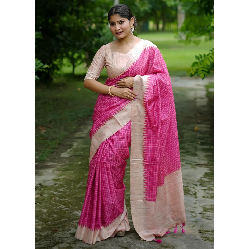 Pink Tussar Silk Saree With Blouse Piece - JD986603061