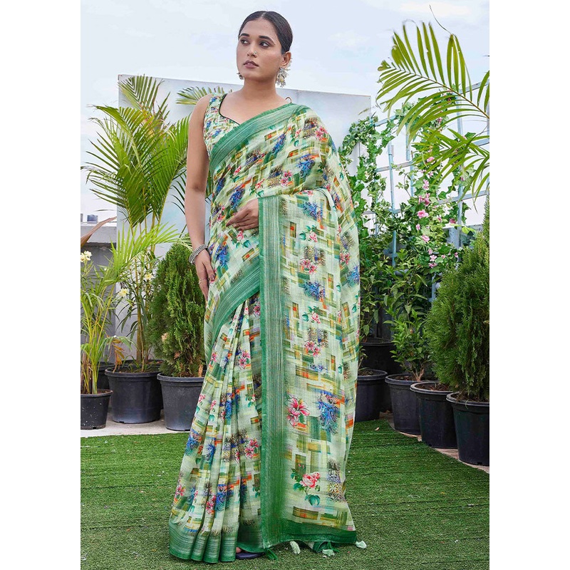 Pista Green Linen Silk Saree With Blouse Piece - JD986603059