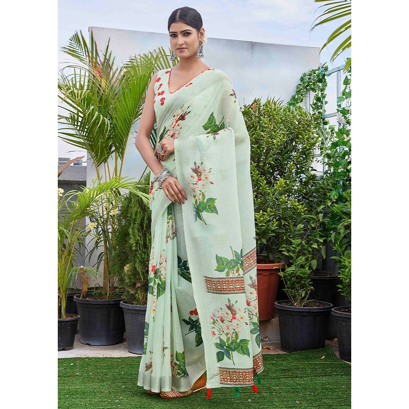 Pista Green Linen Silk Saree With Blouse Piece - JD986603060