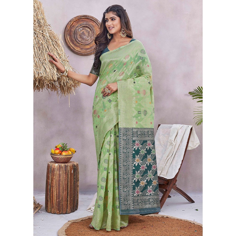Pista Green Spun Silk Saree With Blouse Piece - JD986603056