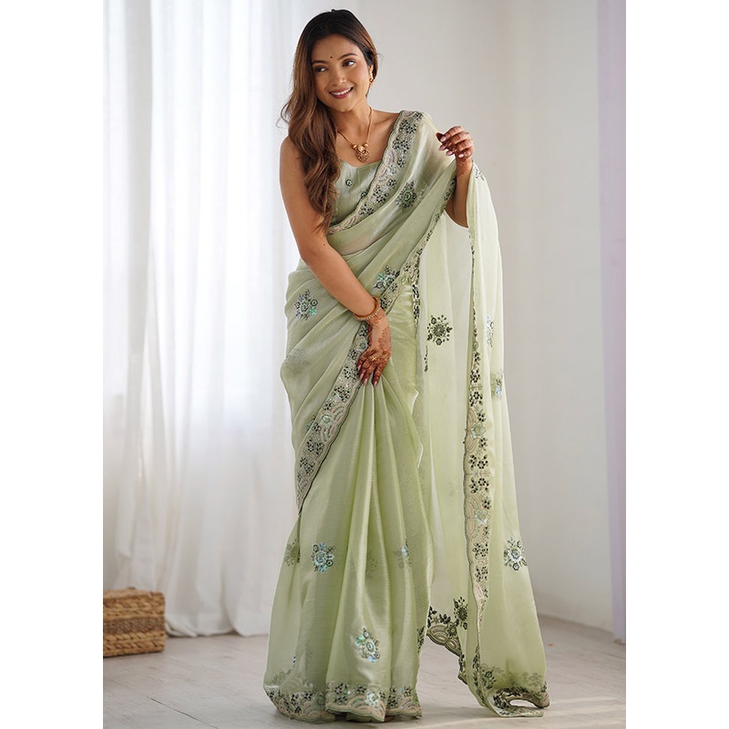 Pista Green Spun Silk Saree With Blouse Piece - JD986603057