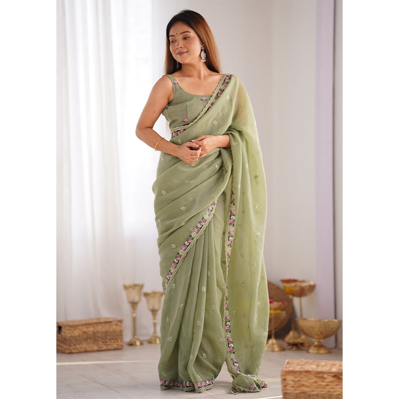 Pista Green Spun Silk Saree With Blouse Piece - JD986603058