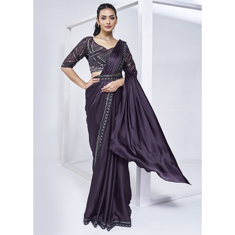 Purple Crepe Silk Saree With Blouse Piece - JD986603053